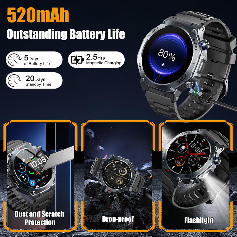 Jugeman Military Smart Watch for Men with Dual-Band GPS, 5ATM Waterproof, 1.43" AMOLED Fitness Watch with Bluetooth Call, Heart Rate Blood Oxygen Sleep Monitor, 160+ Sport Smartwatch for Android iOS Black