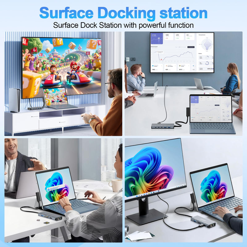 11-in-1 Surface Pro Docking Station, Surface Dock 4K@60HZ HDMI Surface Docking Station for MS Surface Pro 12/11/10/9/8/X/7/6/5/4/3, Surface Laptop 6/5/4/3/2/1, Surface Laptop Go 3/2/1, Surface Book Grey