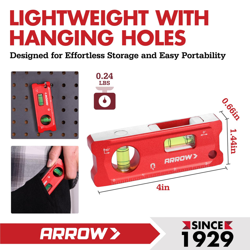 ARROW 4-Inch Torpedo Level, Small Magnetic Leveler Tool with 0°/90° Bubbles, Top-view Window, Aluminium Alloy Frame, Dual SAE and Metric Scales 4 inch