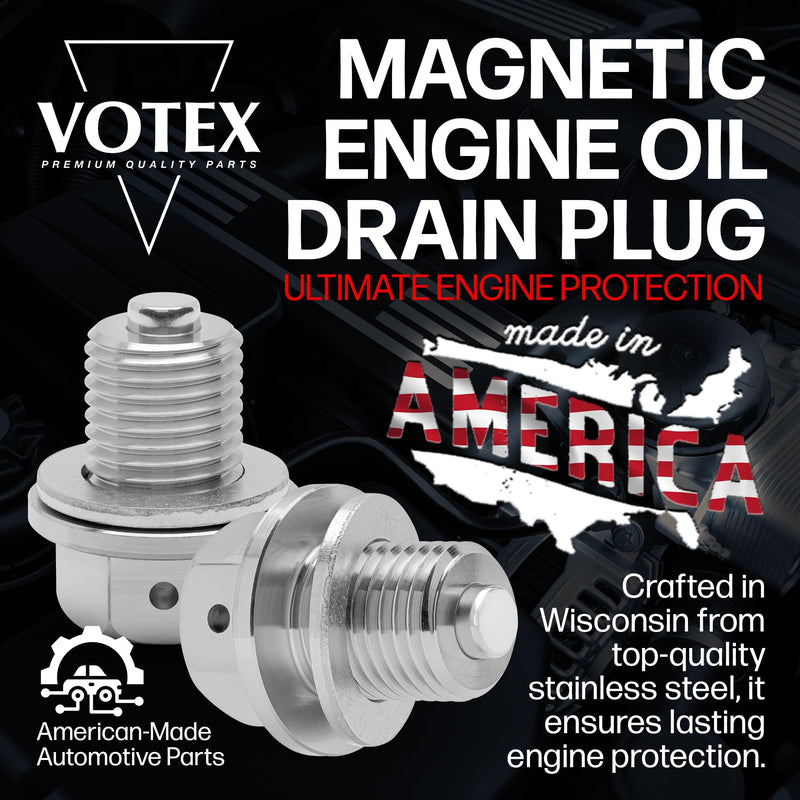 Votex - Made In USA - M14x1.5MM Magnetic Engine Oil Drain Plug w/High-Temperature Neodymium Magnet, Stainless Steel, For Acura, Audi, Chevrolet, Chrysler, Dodge, Ford, Honda, Hyundai, Jeep, Kia + More M14-1.5 Magnetic Drain Plug