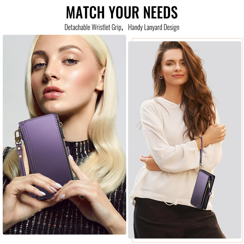 Defencase for Samsung Galaxy A57 5G Wallet Case with Card Holder, Purple | RFID Blocking, Zipper Pocket, Durable PU Leather, Wrist Strap, Fashion Snap Flip Phone Cases Cover with Stand for Women Men