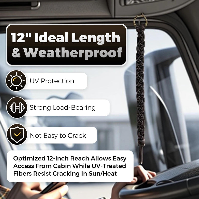 12 Inch Black Braided Air Horn Pull Cord Replacement - Heavy Duty Synthetic Leather Lanyard for Semi Truck, Tractor & Big Rig Accessories