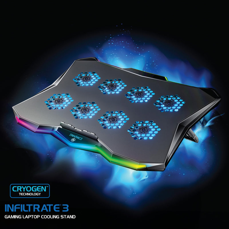 ENHANCE Infiltrate 3 Laptop Cooling Pad with RGB Lights - Gaming Cooler Stand with 8 Ultra-Quiet Fans, 7-Angle Adjustable, Dual USB Hub, Metal Cooling Plate for 13-17.3" Gaming Notebooks