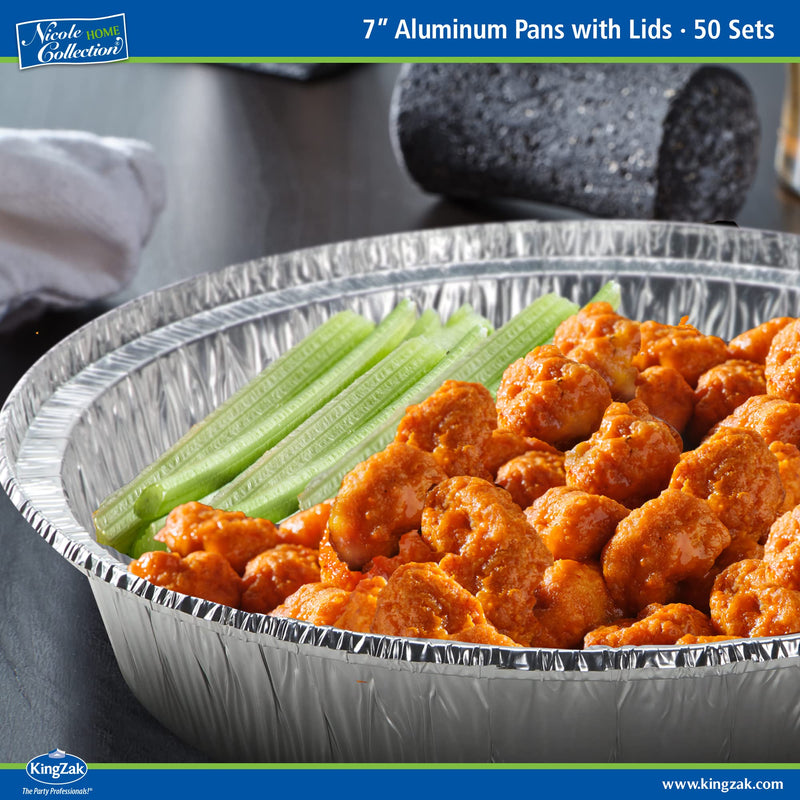Nicole Home Collection Aluminum Pans 7” Round Disposable Foil Pans With Lids (50 Pack) – 7 Inch Round Disposable Takeout Pans With Board Lids (7" Inch Round) 7" Pans & Board Lids - 50 Sets