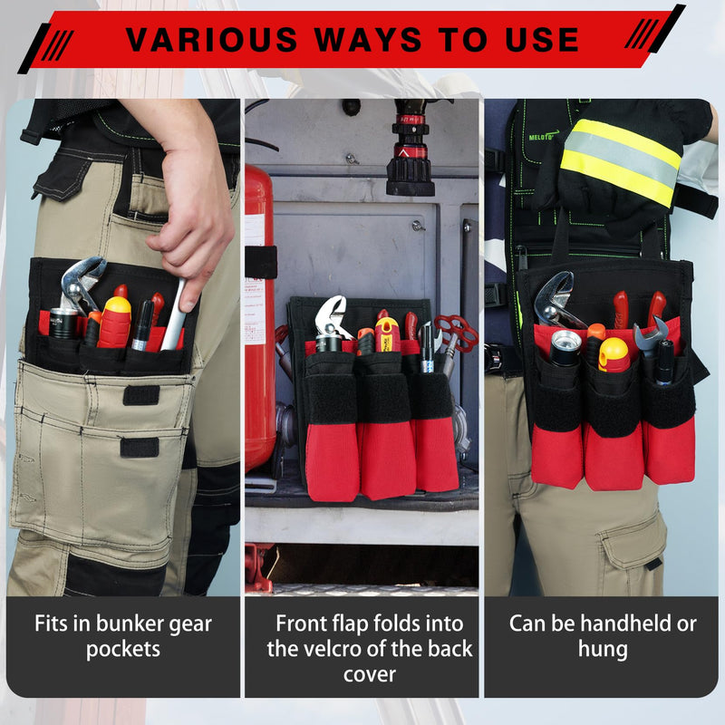 MELOTOUGH 7-Pocket Firefighter Tool Pouch with Carry Handle and Flap, Fits in Bunker Gear Pocket, Tool Organizer Red
