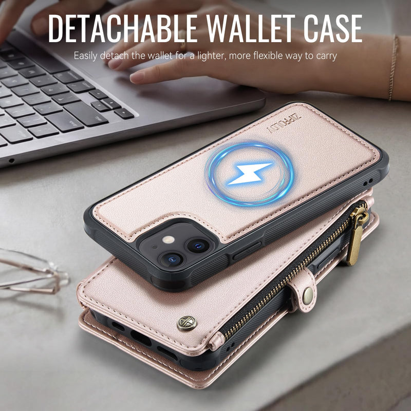 for iPhone 12/Pro - Phone Case Wallet Magnetic, Champagne Gold | Compatible with Magsafe, Detachable, RFID Blocking Card Holder, Zipper Pocket, Wrist Strap, for Women Men, Durable PU Leather iPhone 12 & 12 Pro