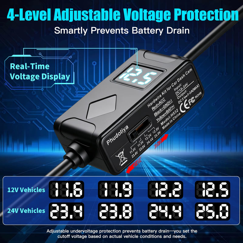 USB-C Dash Cam Hardwire Kit with Acc Detection, LED Display, 4-Level Adjustable Low Volt Protection(11.6V/23.4V Auto-Cutoff), 12V-24V to 5V/3A Adapter, 3-Lead Cable for Recorder 24/7 Parking Mode