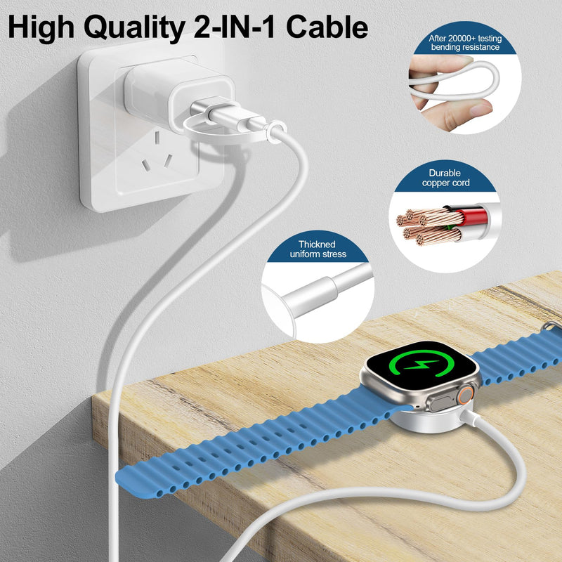 Upgraded for 2in1 USB A/C Apple Watch Charger Magnetic Charging Cable | Home and Travel Essentials Wireless Charger Compatible With iWatch Series Ultra/SE/11/10/9/8/7/SE/6/5/4/3/2-6.6ft White 6.6ft
