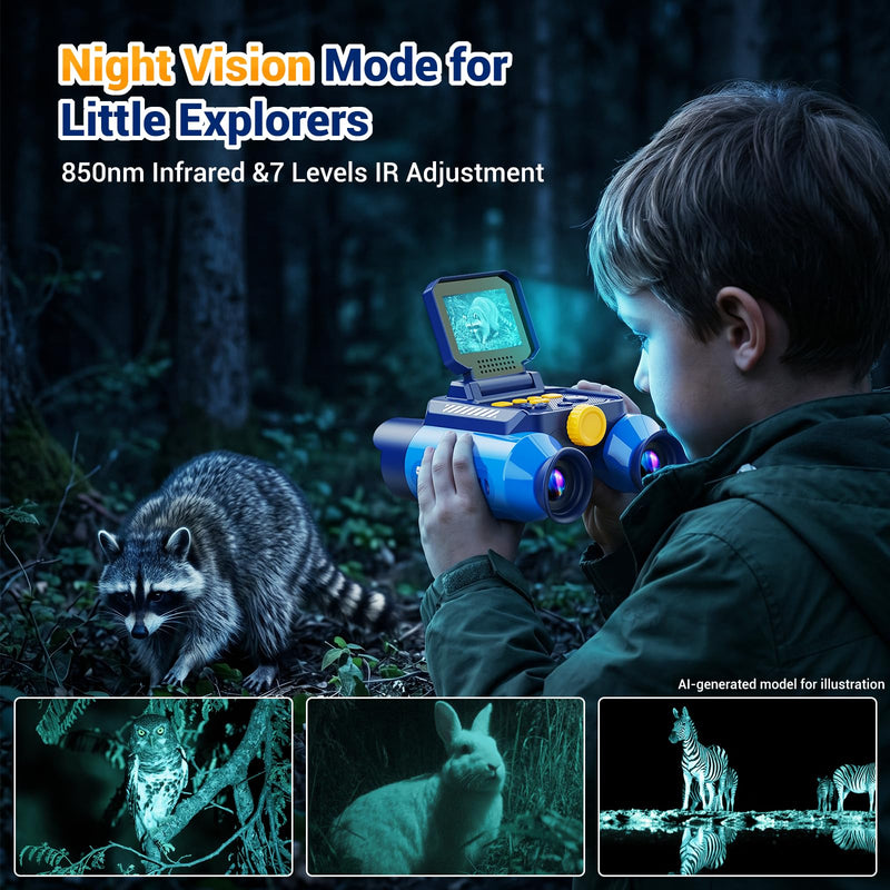 Binoculars for Kids with HD Screen & Night Vision & Games, STEM Science Educational Toy Science Kits STEM Toys for Outdoor, Travel Nature Exploration, Gift for 3+ Years Old Boys & Girls (Navy Blue)