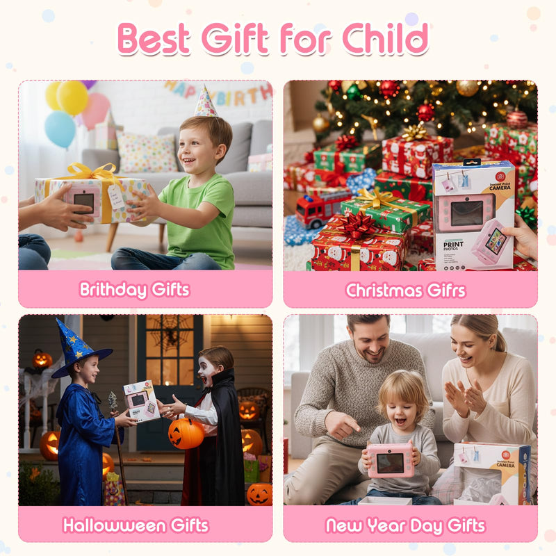 Instant Print Camera for Kids, 1080P Kids Camera Instant Print, Christmas Birthday Gifts for Kids Girls Age 3-12, Toddler Toy for 3 4 5 6 7 8 9 10 Year Old with 4 Roller Photo Paper (Pink) Pink