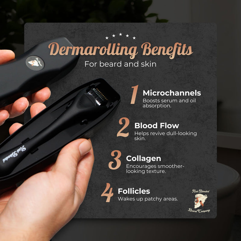 Red-Blooded Beard Roller, Derma Roller, Microneedling Roller, Beard Growth | Also called a dermaroller, this 0.5mm microneedle roller for hair growth supports thicker, fuller beard regrowth for men.