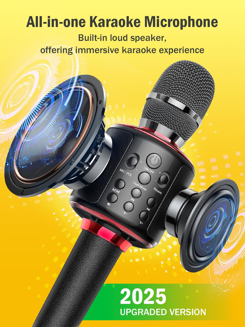 Wireless Bluetooth Karaoke Microphone, Built-in Loud Speaker for 10H Playback, Add Reverb/Duet Mode/Earbuds Monitoring, Portable Karaoke Machine for Entertainment & Singing Practice (Black&Red) Black&Red