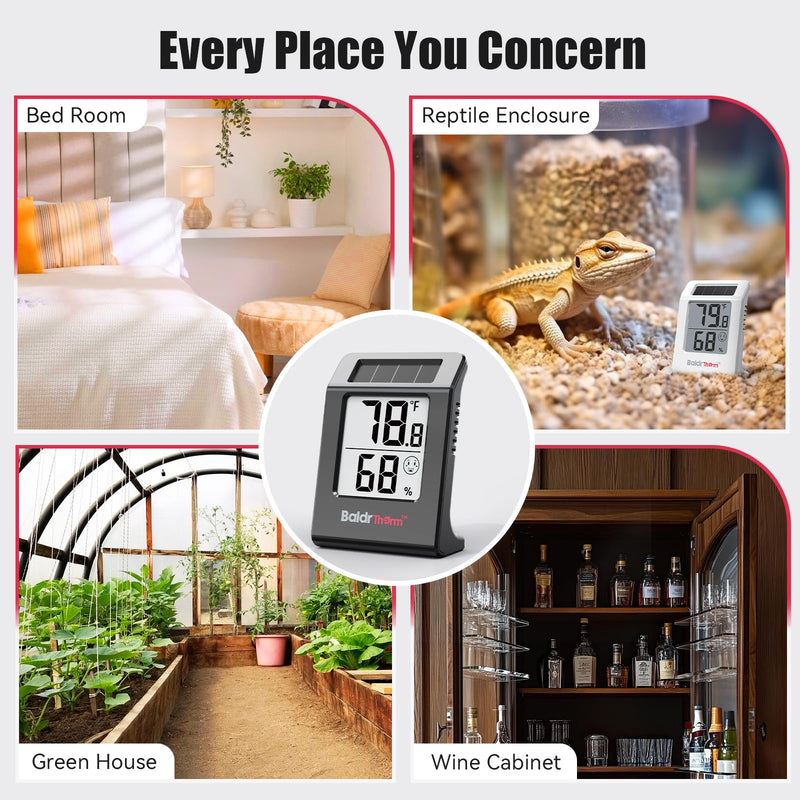 BaldrTherm Humidity Meter Hygrometer, Solar-Powered Room Thermometer Indoor Digital Temperature Sensor Monitor, 2.2''Humidity Gauge for Baby Rooms, Home, Office, 3Pack, Black Black 3pack