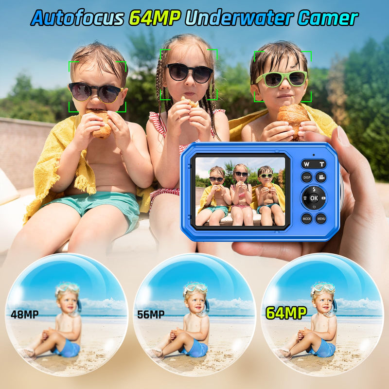 4K Underwater Camera 64MP 33FT Waterproof Camera with 32GB Card | Dual-Screen, 16X Zoom, Autofocus, Floatable, 1500mAh Battery, Fill Light, Ideal for Snorkeling, Swimming, Travel Blue