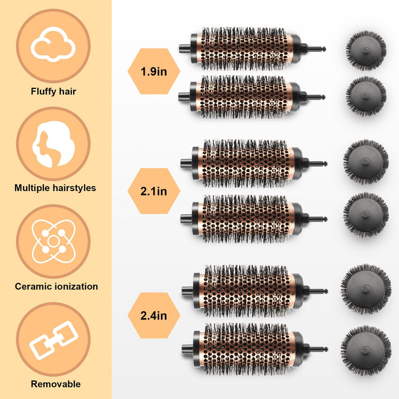 Round Hair Brush Set Detachable Handle Hair Roller Brush 3 Sizes Round Hair Brush for Blow Drying with 6 Positioning Clips,6 Barrels 1 Handle Black
