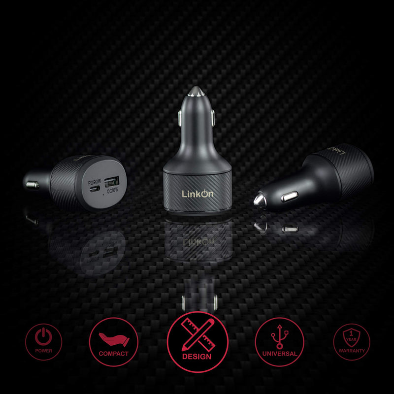 LinkOn 112W USB C Car Charger PD 3.0 (90W) PPS + USB A QC 3.0 (18W) – Fast Dual Port Car Adapter Compatible with MacBook, Dell, HP, iPad, iPhone 15/16, Galaxy S23/S24, Pixel, and More Carb-112W