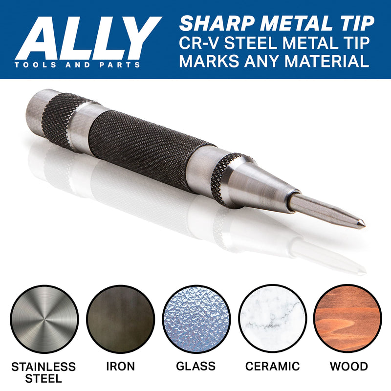 ALLY Tools Heavy Duty Automatic Center Punch w/Hardened Steel – 2PC Premium Automatic Center Punch for Metal for Machinists and Carpenters w/Adjustable Knurled Cap, Spring Loaded and Hard-Shell Case