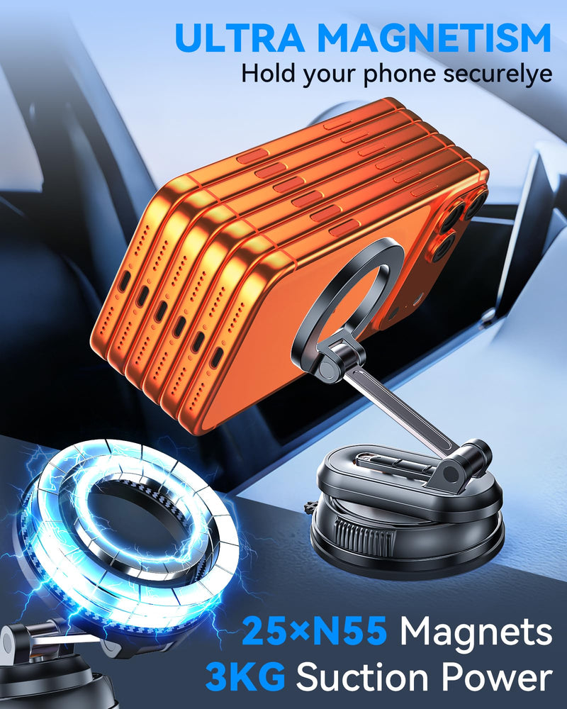 2-IN-1 Detachable MagSafe Car Mount, Vacuum Magnetic Phone Holder for Car | [2800gf Strong Magnet & 89+LBS Suction Base] Phone Holders for Your Car, 360° Adjustable Car Phone Holder for iPhone 17-12 Carbon Fiber