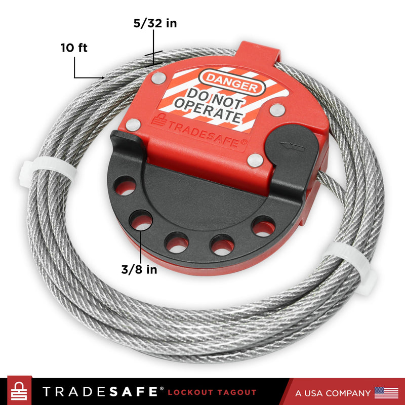 TRADESAFE Lockout Tagout Adjustable Cable Lock - 10 ft Steel Cable Lock | Uv-resistant Pvc-coated Steel Cable, Non-conductive Nylon Body, Secures With Up To 5 Loto Padlocks