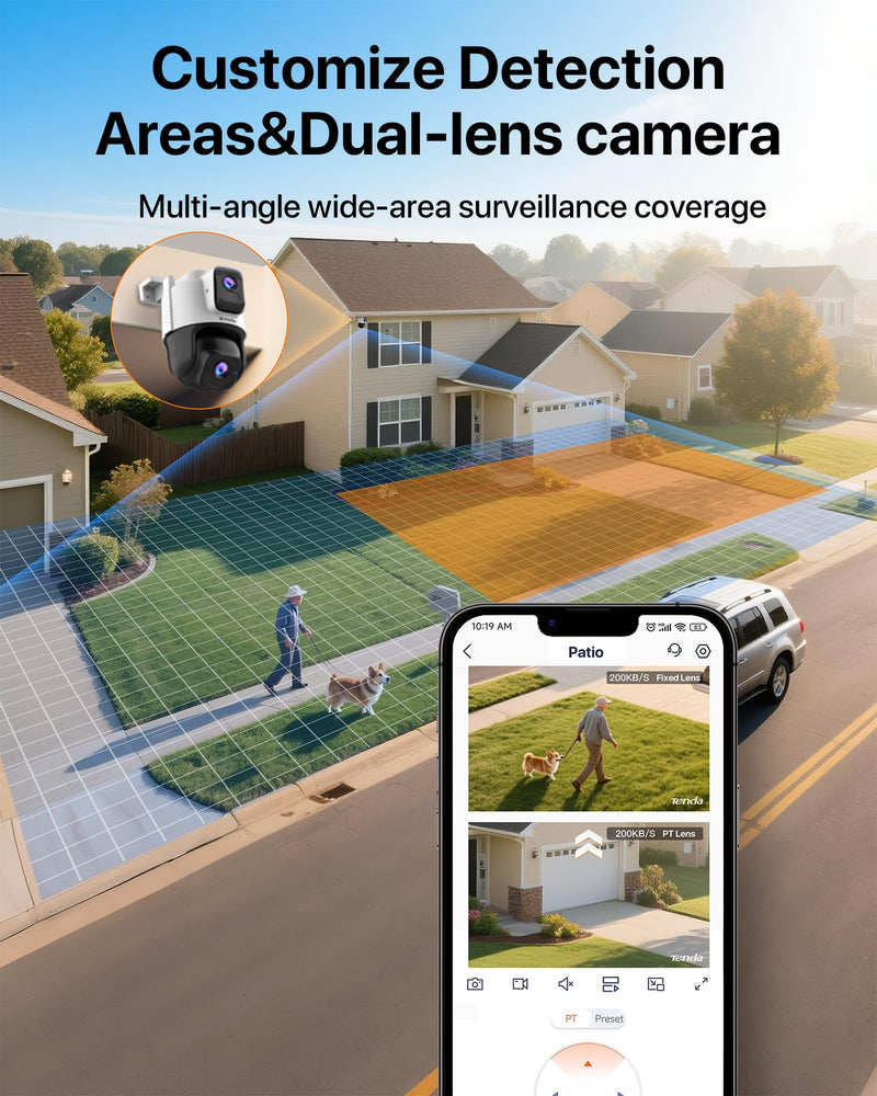 Tenda Wi-Fi Outdoor Camera 2K+2K, 360° PTZ Surveillance Camera with Dual Lens, FHD Auto Tracking, IP65 Waterproof, Color Night Vision, Two-Way Audio, Vehicle Detection – CH9 CH9 2K+2K Dual-Lens Camera