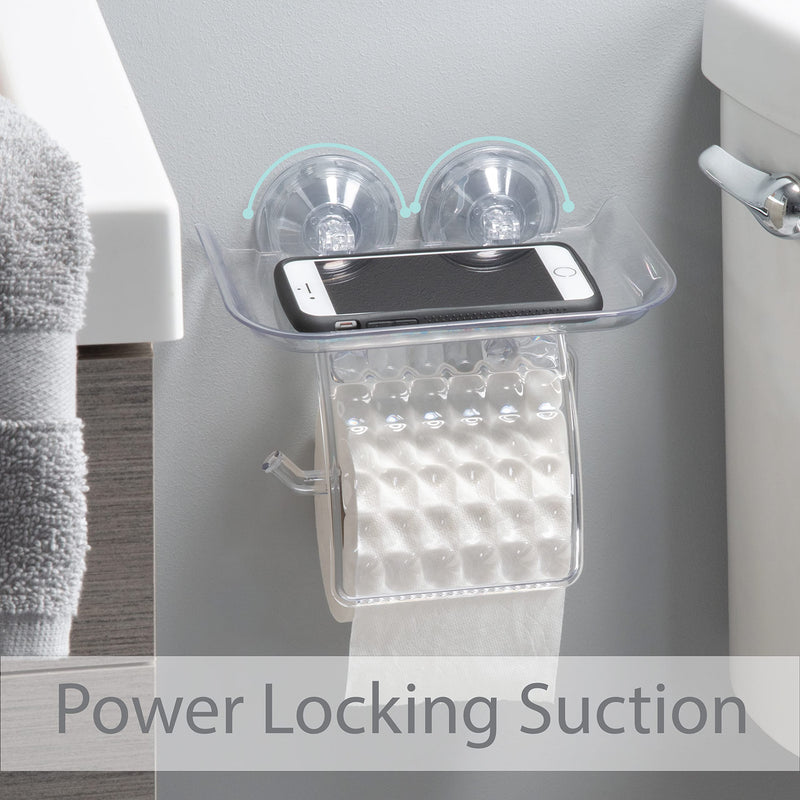 Bath Bliss Suction Cup Toilet Paper Dispenser | Power Lock Suction Mount | Phone and Wipes Holder Tray | Not Tools Required |Smooth Surfaces Only | Tile | Glass | Metal | Plastic | Bathroom | Clear Toilet Paper Dispenser (Pack of 2)