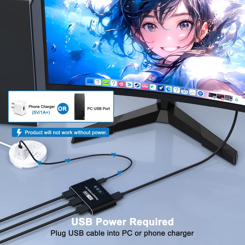 DisplayPort Switch 3 in 1 Out 8K@60Hz, DP Switcher Connects 3 PCs to 1 Monitor, DisplayPort 1.4 Selector 3x1, Manual Button Switcher for Desktop/GPU/Laptop – Direct Connection Only (No Dock/KVM)
