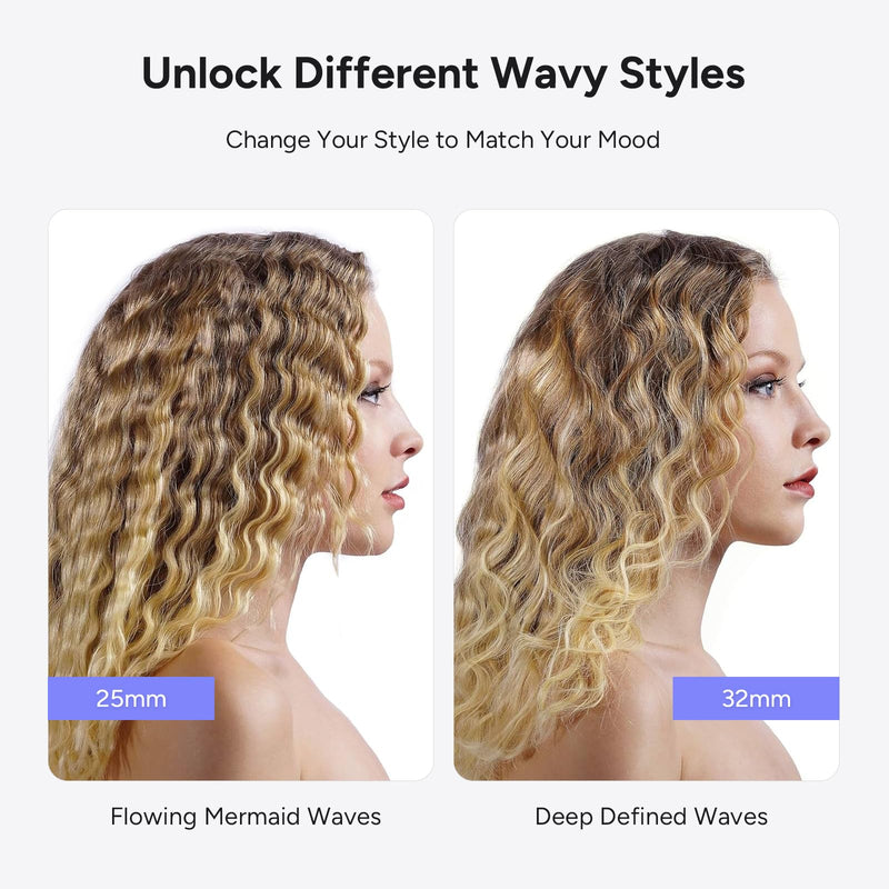  [AUSTRALIA] - Mermaid Hair Waver - 4 Adjustable Heights for Short Medium Hair | Beach Waves Curling Iron with Ceramic Coating, 5 Heat Settings, 1h Auto Shutoff, 100V-240V | Includes 2 Clips, Glove and Mat 19/25/28/32mm