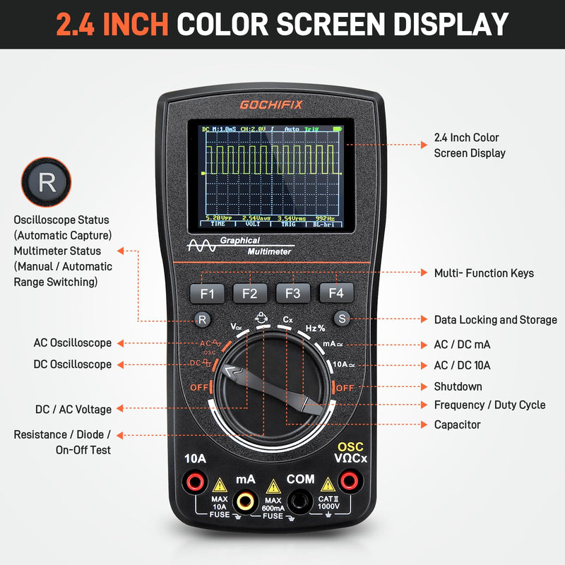 Handheld Oscilloscope Multimeter, GOCHIFIX 2 in 1 Portable Digital Oscilloscope Multimeter 10Mhz Bandwidth, 50MSa/s Sampling Rate, 6000 Counts, Automotive Multimeter Oscilloscope 10 Mhz
