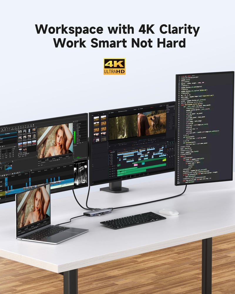 USB C Docking Station 3 Monitors 4K@60Hz, 14-in-1 Laptop Docking Station with 2 HDMI 4K@60Hz, DP 8K@30Hz/ 4K@144Hz, 3 USB 3.0, 2 USB 2.0, RJ45, Audio, PD 100W, USB-C HUB for Windows Laptop Accessories 4K HDMI+4K DisplayPort