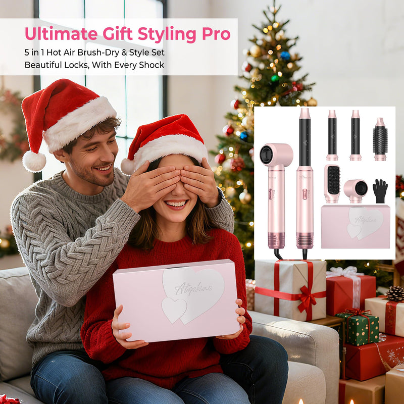 Atopskins Air Styler 5 in 1 Hair Styler Set Airbrush 5 in 1 Magic Styler | Hair Dryer Brush 1000Wwith Airflow Hair Curler Thermal Brush 60000rpm Hairdryer Brushe Drying and Styling Multistyler Gift Pink