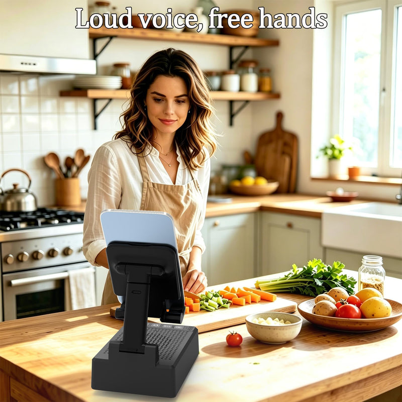 Cell Phone Stand with Wireless Bluetooth Speaker, Adjustable Angle,Foldable Stand HD Surround Sound for Home, Compatible with All iPhone/Android Phones, Cool Gadget Gift for Men Women Dad Mom Black