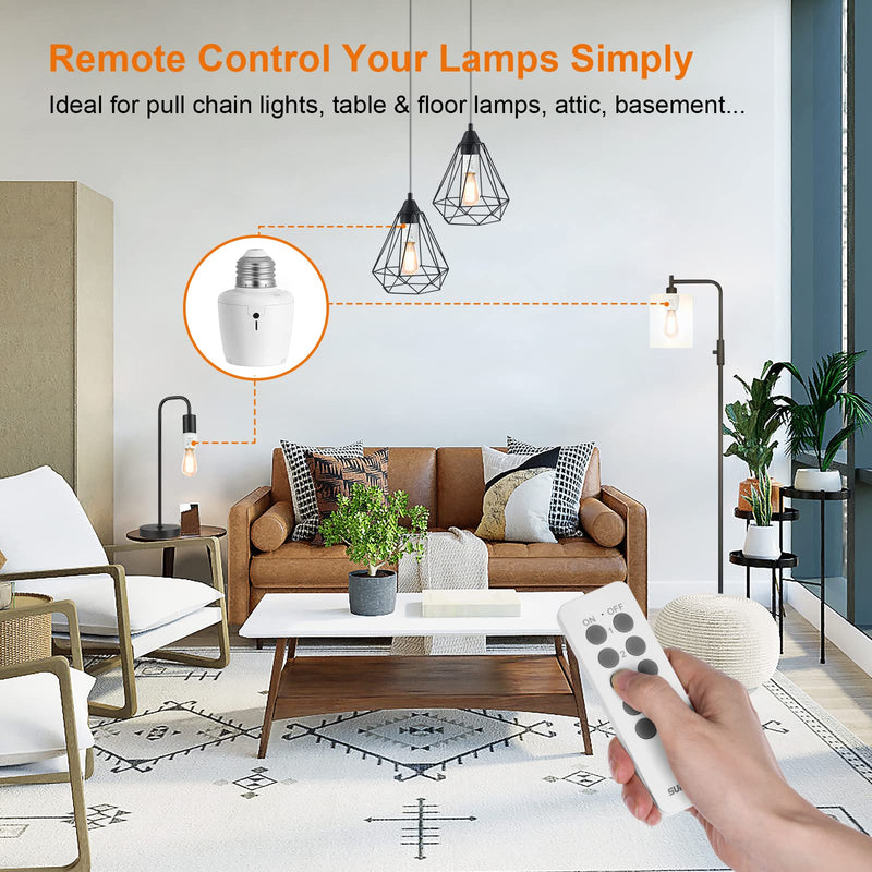 SURAIELEC Remote Control Light Socket, E26 E27 Bulb Base, 100FT Range, Wall Mountable Wireless Light Switch for Lamps, Pull Chain Light Fixture, Pull String (5 Sockets 2 Remotes, Shorter Version) 5 Sockets+2 Remotes