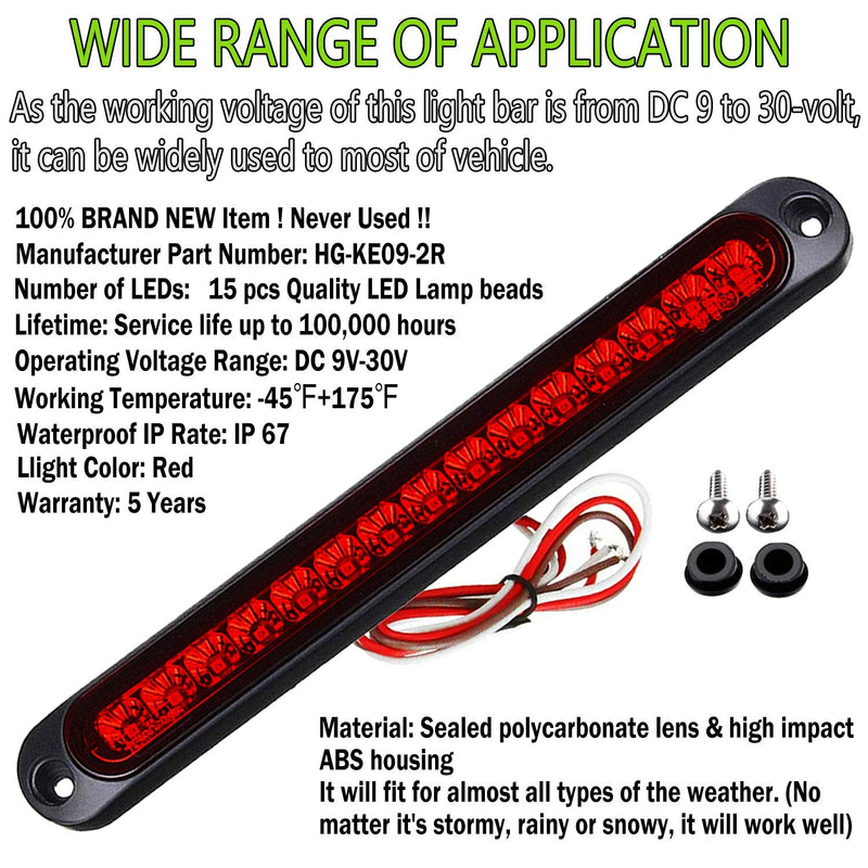 2 Pack 10" 15 LED Trailer Identification Light 9 to 30-volt, LED Stop Turn Tail Light Assembly Third Brake Bar Strip Rear Marker Light IP67 Waterproof for Heavy Duty Marine Boats Trucks Pickups Red