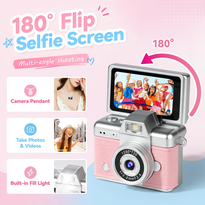 Mini Flip Screen Digital Camera, 1.47 Inch Pocket Retro Camera with USB-C Charging, 1080P/720P Video, MicroSD Support Up to 128GB, Portable Keychain Camera (Pink) Pink