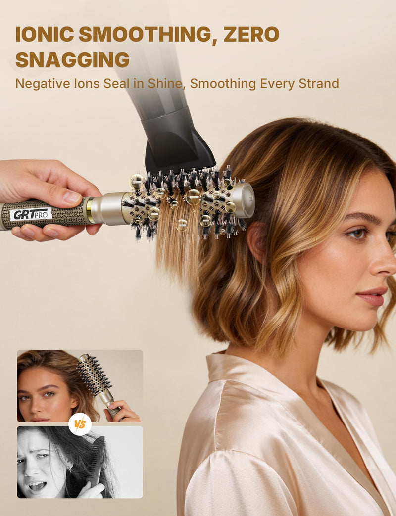 3500W Professional Ionic Hair Dryer with 25mm Round Styling Brush Set, AC Motor Fast Dry Blow Dryer with Diffuser & Nozzles, Hot & Cold Air for Short Hair Styling & Frizz Control