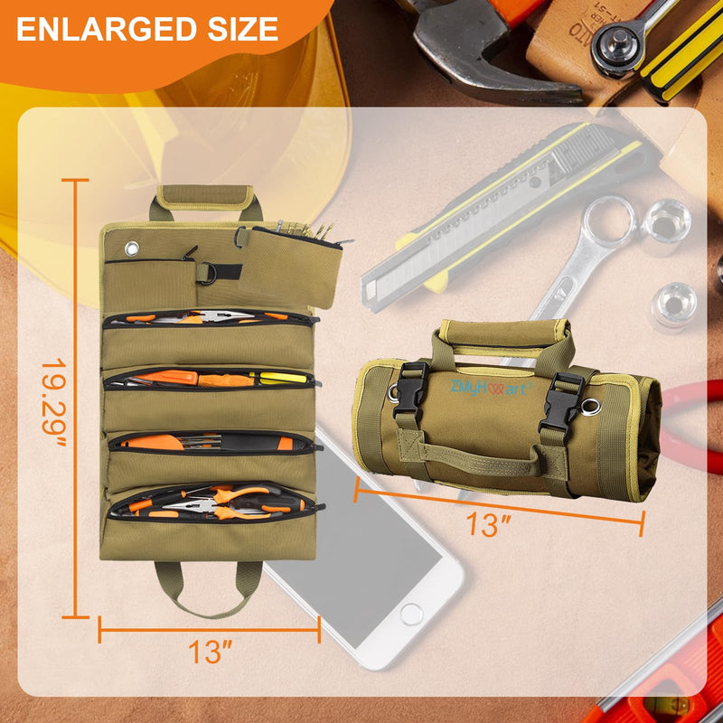 Tool Roll Up Bag, ZMyHeart Tool Organizer Bag,Tools Storage Box,11 Pouches,Grease Resistance,Tools Carrier Bag for Electrician,Mechanic,Plumber,Carpenter,Craftsman,Hobbyist,Gift for Men (Khaki) Khaki
