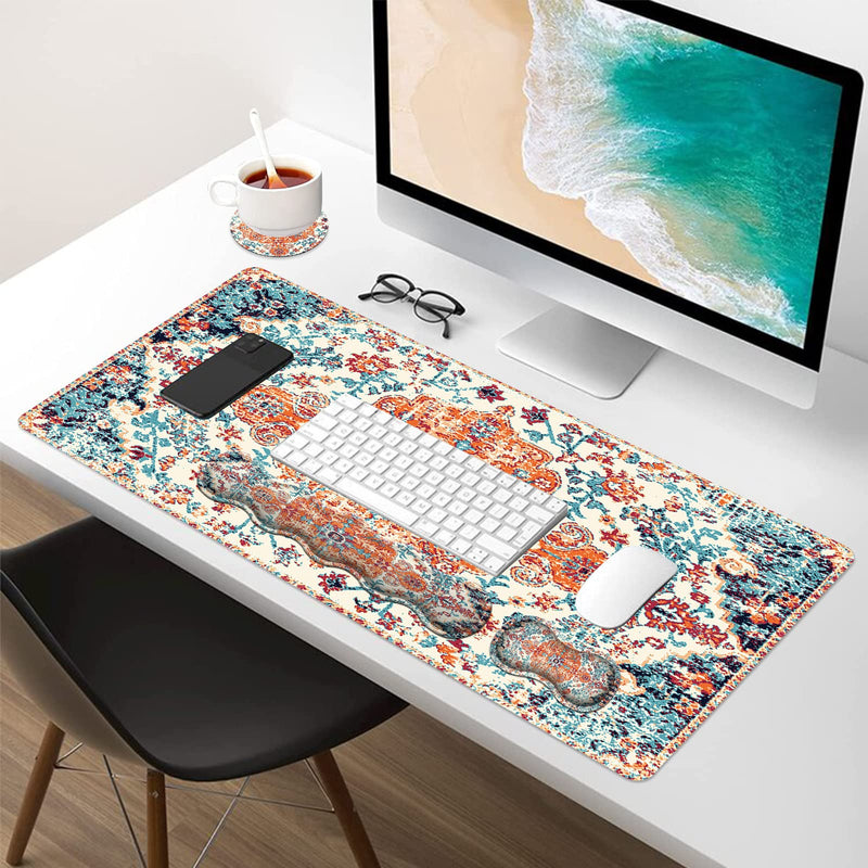 iLeadon Keyboard Mouse Pad Set, Large Gaming Mouse Pad + Wrist Rest + Mouse Pad with Wrist Support + Coaster, Easy Typing Pain Relief, 35.4x15.7in Desk Mat for Home Office, Boho Boho Orange