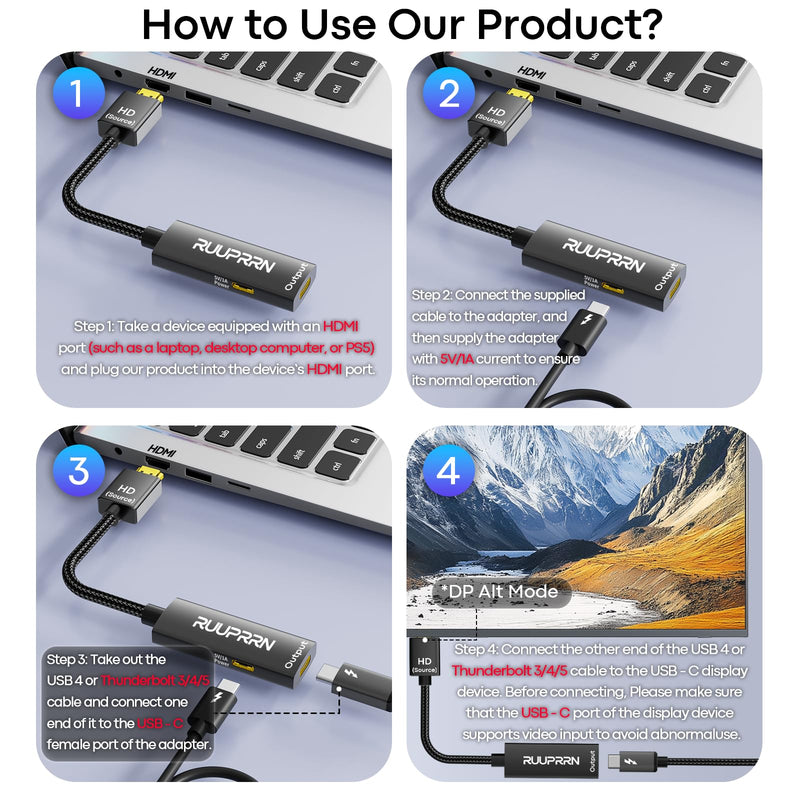 4K60Hz HDMI to USB C Adapter for AR Glasses, Unidirectional Video Converter | HDMI Male Source to USB-C Female display for XREAL One/Air 2 Pro, VITURE Pro, RayNeo Air 4 pro, Switch, Steam Deck,PS4/5,Xbox