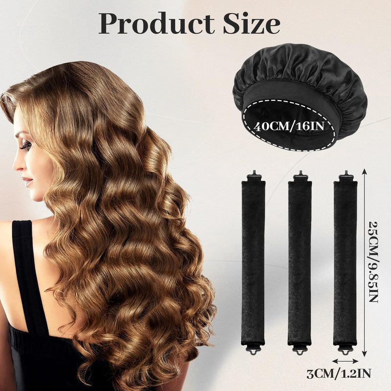  [AUSTRALIA] - Heatless Curling Rods 3PCS, No Heat Hair Rollers with Satin Bonnet, Overnight Flexi Bars for All Hair Types(Black-Boxed) Black-Boxed