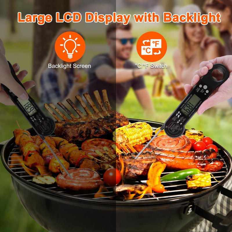 Meat Thermometer Digital - Food Thermometer with Bottle Opener for Cooking, Instant Read with Backlight & Calibration, Convenient for Grilling, Cooking, BBQ, Kitchen Use, Compact & Easy Storage Black