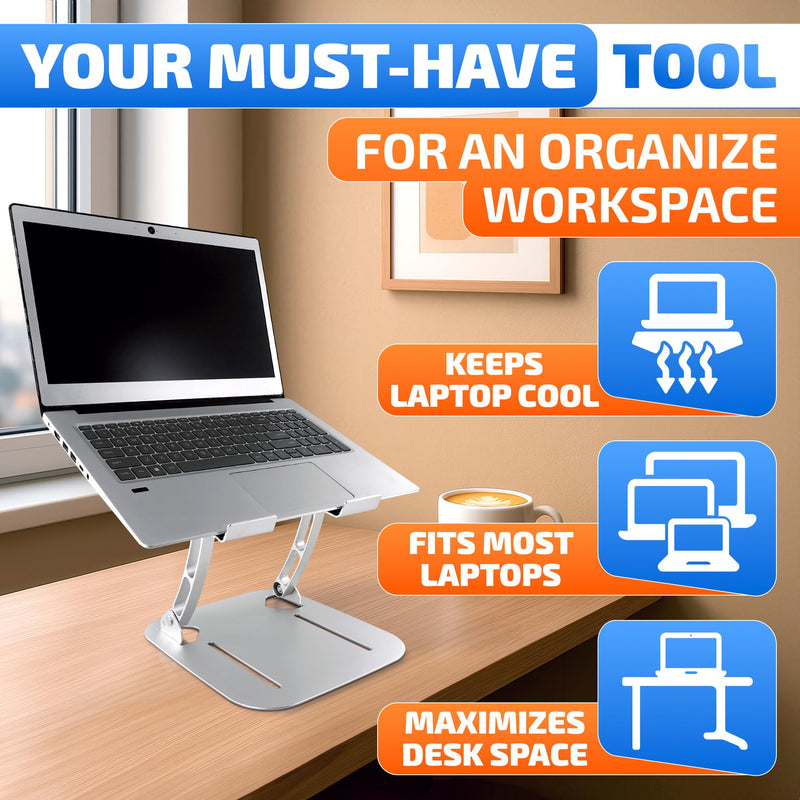 Height & Angle Adjustable Computer Stand for Laptop - Portable Computer Holder for Desk with Ventilation Slots for Enhanced Airflow - Adjustable Laptop Stands for Desk with Non-Skid Silicone Pads