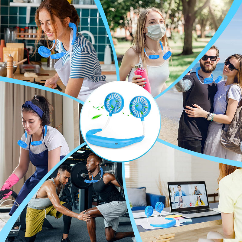 Portable Neck Fan Rechargeable Personal Hand-Free Fan Mini USB Wearable Neckband Sport Fan, 3 Speed Adjustable, 360 Degrees Free Rotation Perfect for Working, Traveling, Office, Reading (Blue) Blue