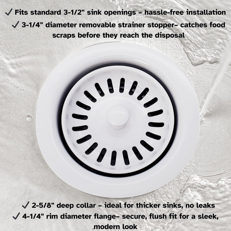 Westbrass D2082S-50 3-1/2" Extra-Deep Collar Kitchen Sink Waste Disposal Flange & Strainer Stopper, Powder Coat White