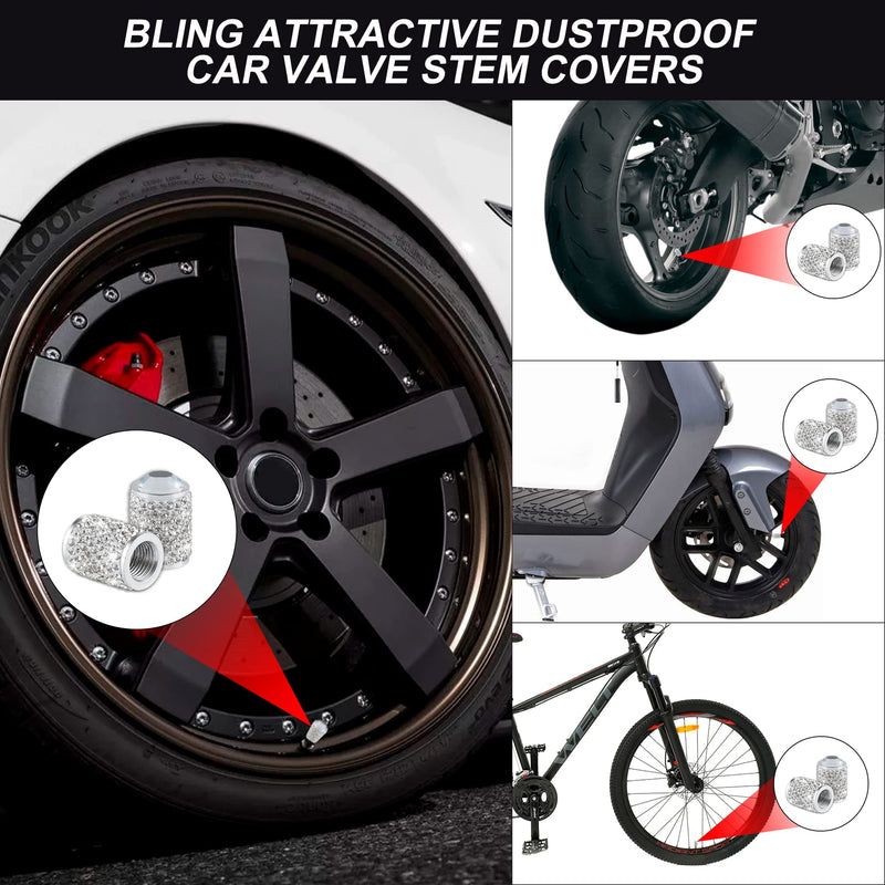 Alpmosn Car Wheel Tire Valve Caps, 4 PCS Bling Tire Valve Caps, Crystal Tire Caps Shinny Rhinestone for Women, Universal Car Dustproof Tire Valve Caps for Cars, Trucks, SUV and Motorcycles (White) White