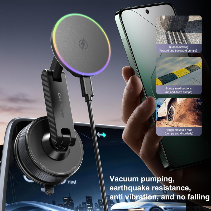 15W Magsafe Car Phone Mount Charger,Vacuum Car Phone Holder Charger,360° Adjustable Magnetic Cell Phone Holders for Car,Wireless Charging Mount for iPhone 17-12 Pro Max Plus Car Accessories