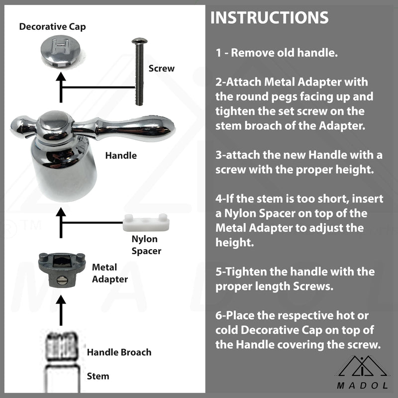 [MADOL] 2 Piece Faucet Handle Kit, Durable Replacement Handles with Universal Fit and Chrome Finish, Adapts to Many Handle Stems for Showers and Baths, Cold and hot Water, ADA Compliant.