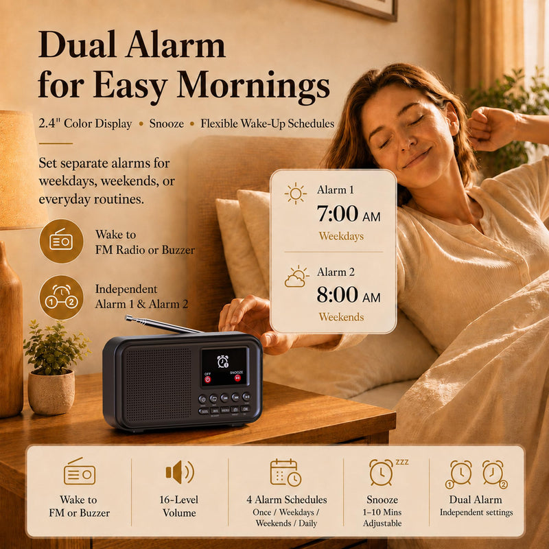 PPLEE Portable FM Radio with Bluetooth, NOAA Weather Alert, Dual Alarms | 2.4" Color Display, USB-C Rechargeable Battery, microSD Music, EQ Sound, FM/WB Radio for Bedroom Office Travel Black
