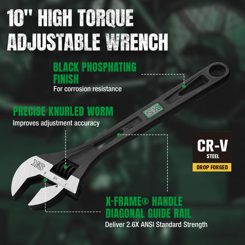 SK 10-Inch Adjustable Wrench, 2.6X ANSI Standard Strength, Heavy-Duty High-Torque, 1.31 '' Jaw Capacity, Cr-V Steel, Black Phosphate Finish, SAE & Metric Scale