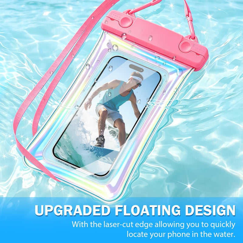 DLseego 2-Pack Iridescent Floating Waterproof Phone Pouch, Pink & Blue Laser TPU IPX8 Dry Bag with Lanyard, Touch Screen Waterproof Case Fit Up to 7 Inch Phone for Swimming Beach Snorkeling Rafting