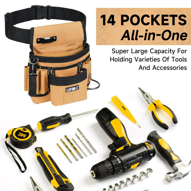 Tool Belt,Magnetic Tool Pouch,14-Pockets Tool Belts for Men,Detachable & Adjustable Tool Pouch belt for Electrician,Carpenter,Construction,Work Apron,Utility Belt,Black-Brown Black&brown